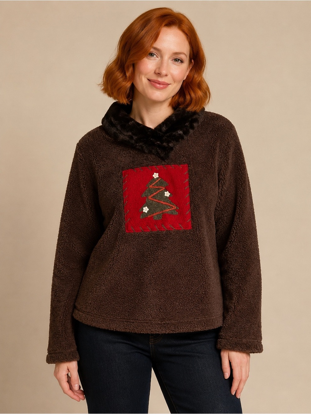 Vintage Faded Glory Christmas Sherpa Fleece Pullover Faux Fur Collar Y2K size M